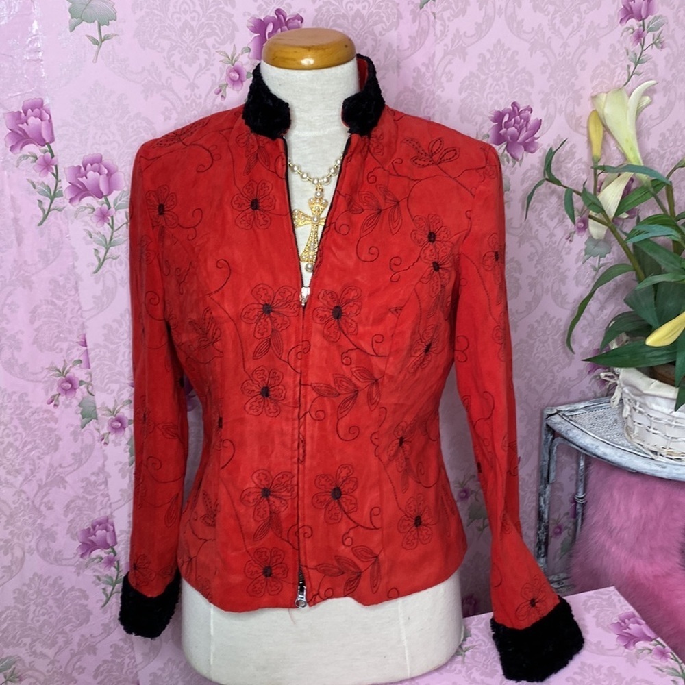 🌹 Joseph Ribkoff 🌹 Soft Red & Black Faux Fur Trim Jacket Top